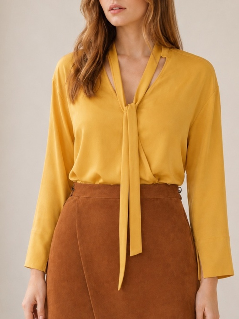 Theory Mustard Yellow Relaxed Wrap V-Neck Modern Neck Tie